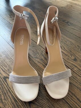 Michael Kors Beige Crystal-Embellished Ankle-Strap Heels